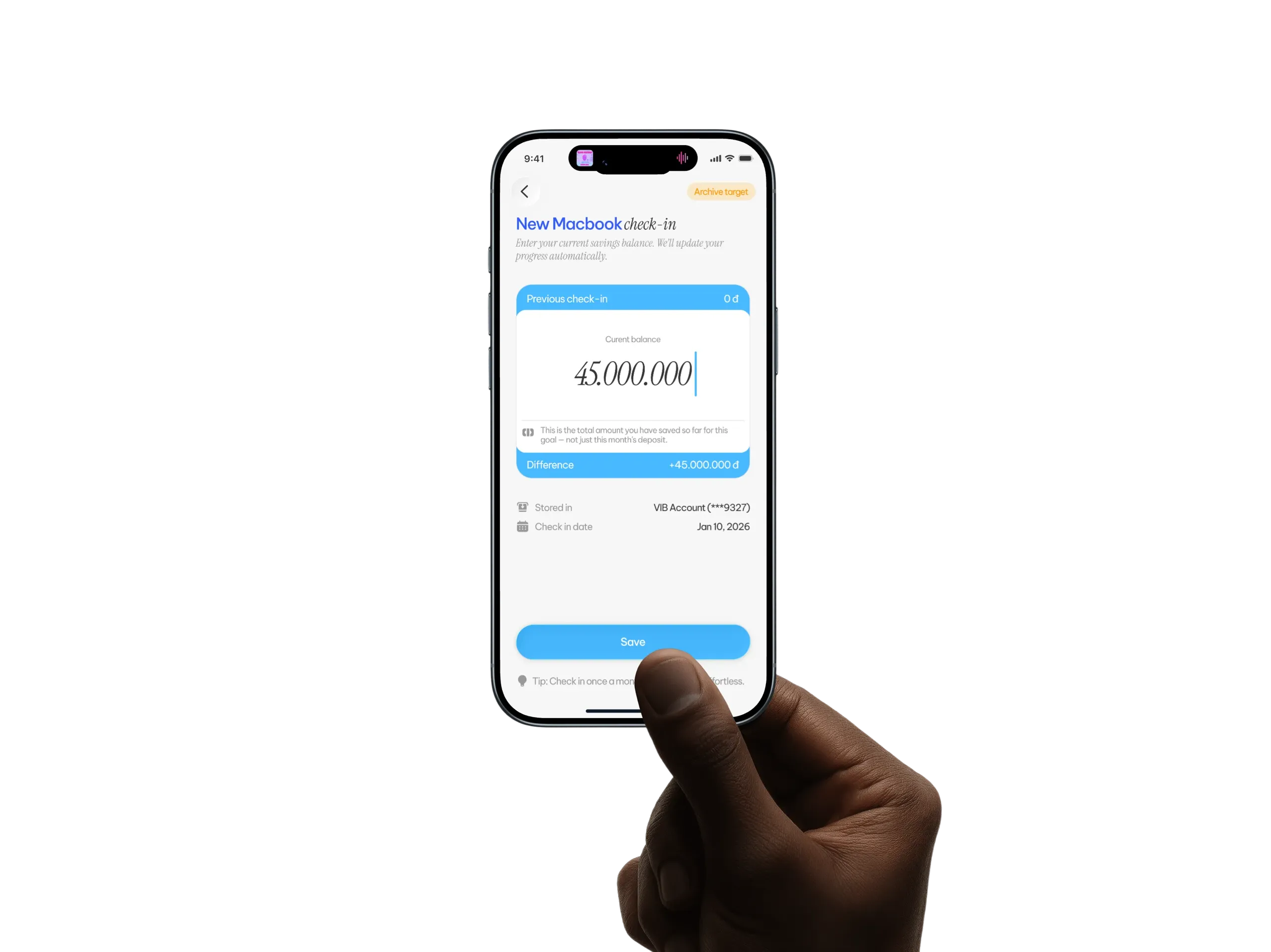 Pocket Check savings check-in mockup